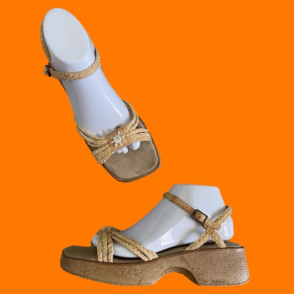 LOWER EAST SIDE Shoes - 90's 00's vintage raffia braided ankle strap y2k platform sandals US Size 9